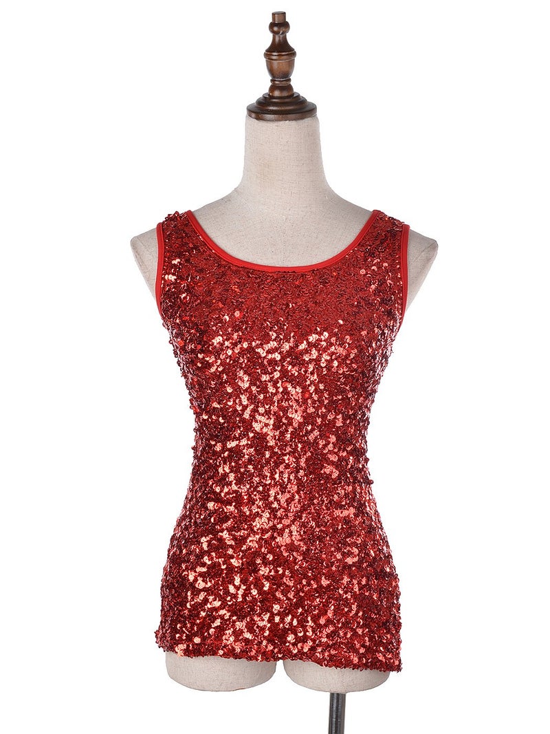 Anna-Kaci Womens Sparkle & Shine Glitter Sequin Sleeveless Round Neck Tank Top, Red, Small - Image 2